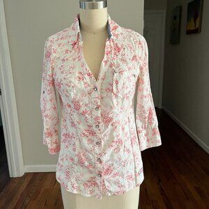 GUESS Los Angeles Women's Ivory/Pink Floral Snap closure Roll up Sleeves Top S